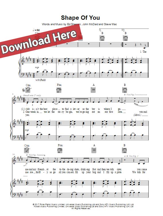 ed sheeran, shape of you, sheet music, piano notes, chords, download, pdf, klavier noten, voice, vocals